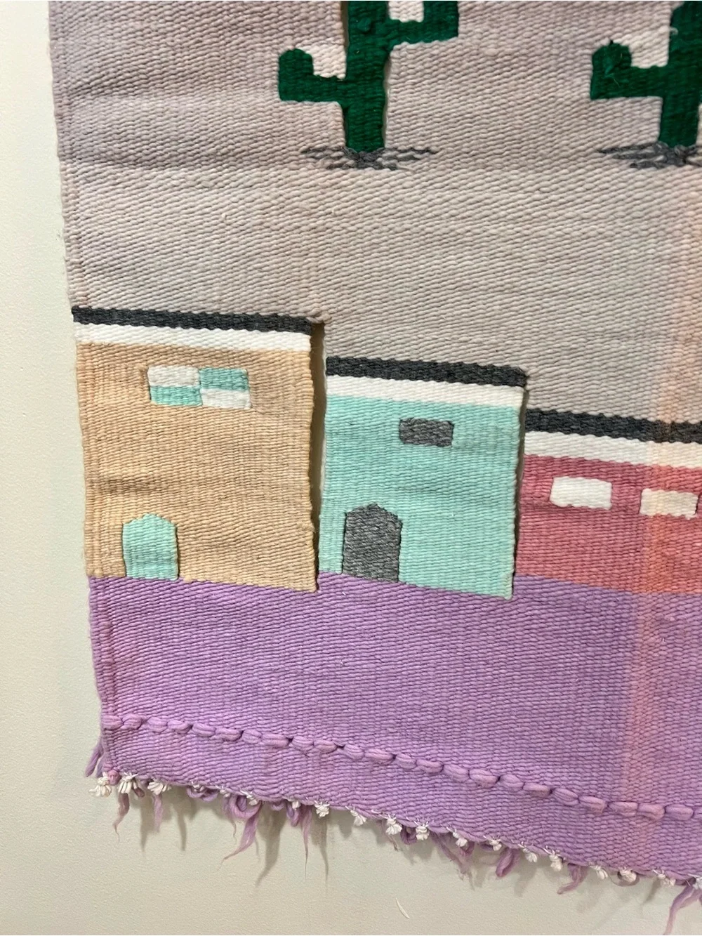 Vintage Hand Woven 3-D Mexican Village Tapestry Southwest Rug Wall Hanging